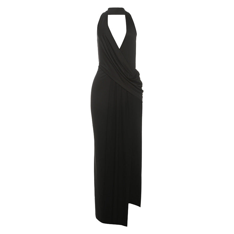 Elegant Halter Neck Deep V Back Floor Length Dress