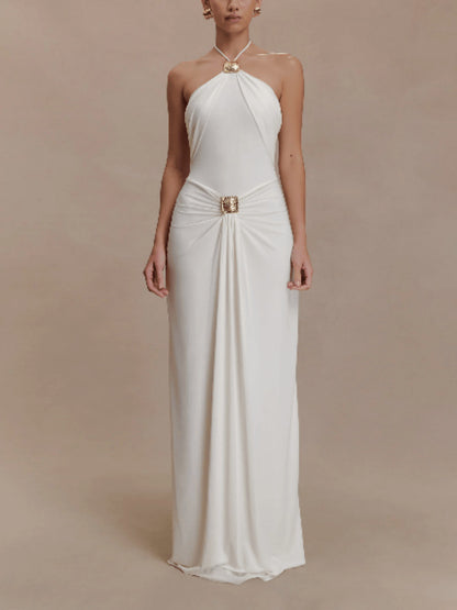 Elegant Halter Neck Long Dress with Flowing Belt