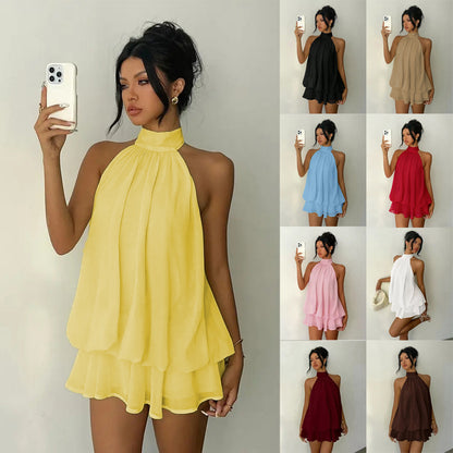 Elegant Halter Neck Pleated Dress with Puffy Skirt