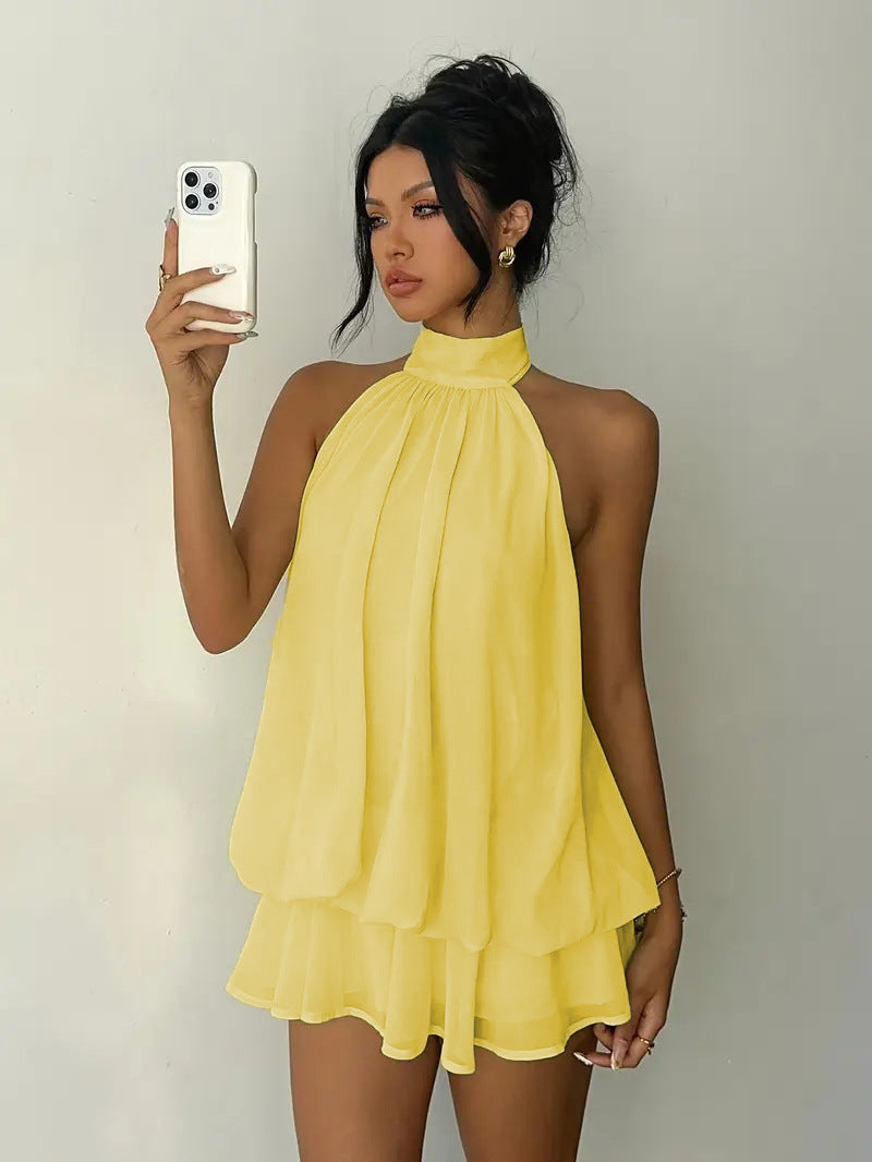 Elegant Halter Neck Pleated Dress with Puffy Skirt