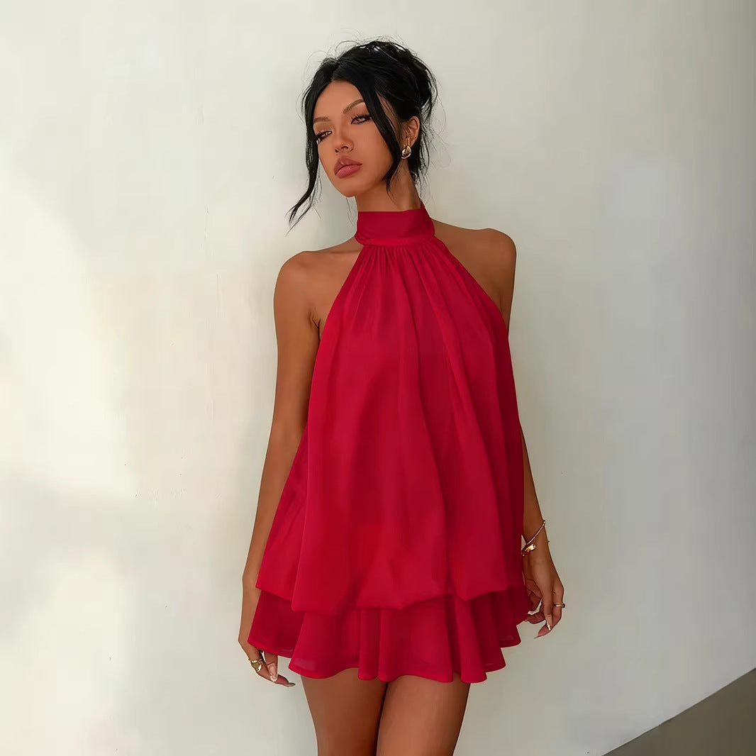 Elegant Halter Neck Pleated Dress with Puffy Skirt