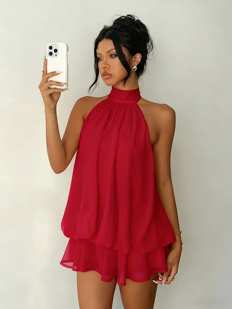 Elegant Halter Neck Pleated Dress with Puffy Skirt