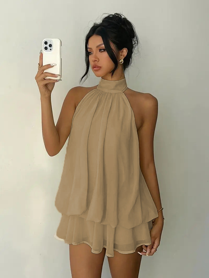 Elegant Halter Neck Pleated Dress with Puffy Skirt