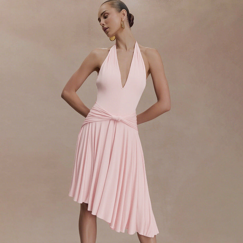Elegant Halter Neck Tie Waist Midi Dress