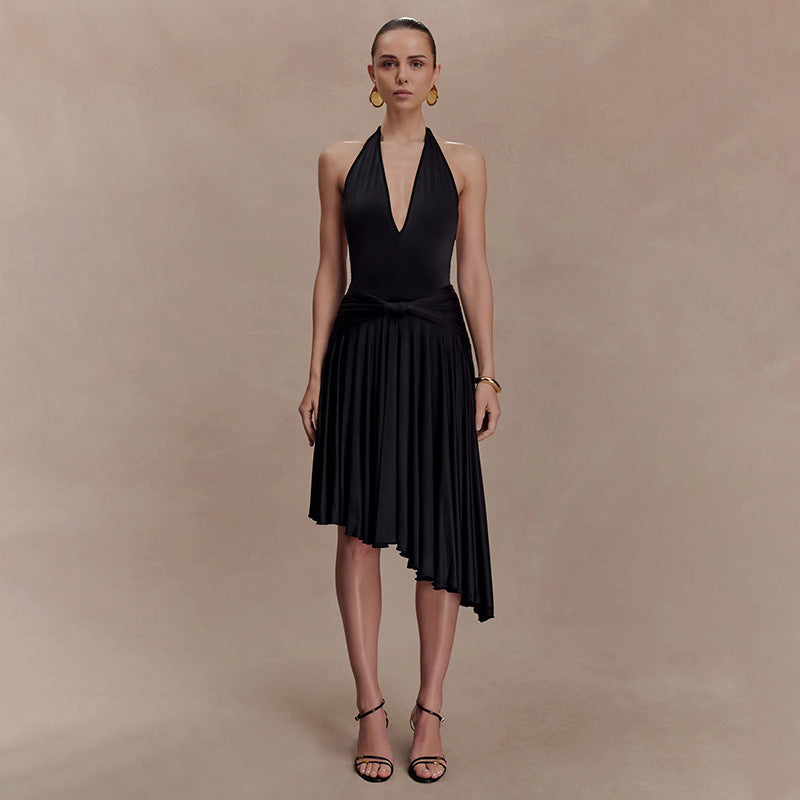 Elegant Halter Neck Tie Waist Midi Dress