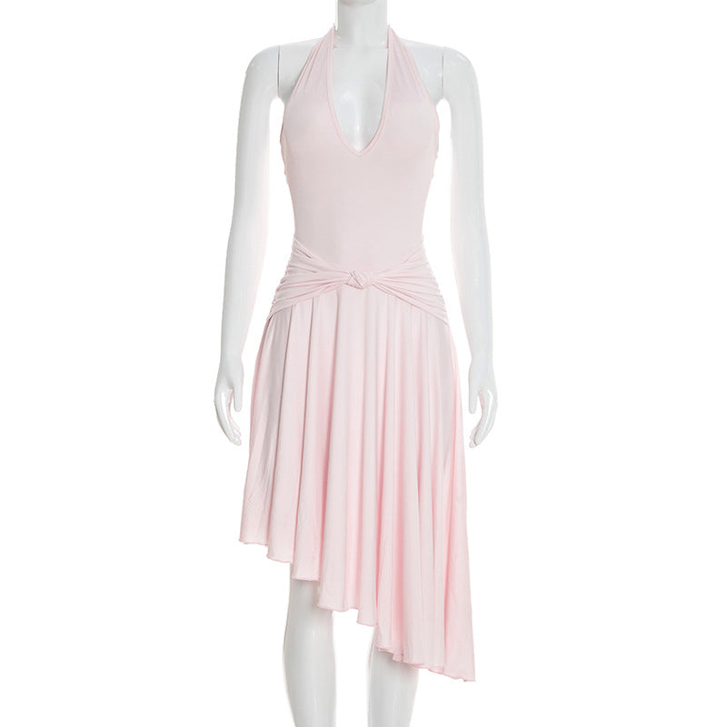 Elegant Halter Neck Tie Waist Midi Dress