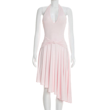 Elegant Halter Neck Tie Waist Midi Dress