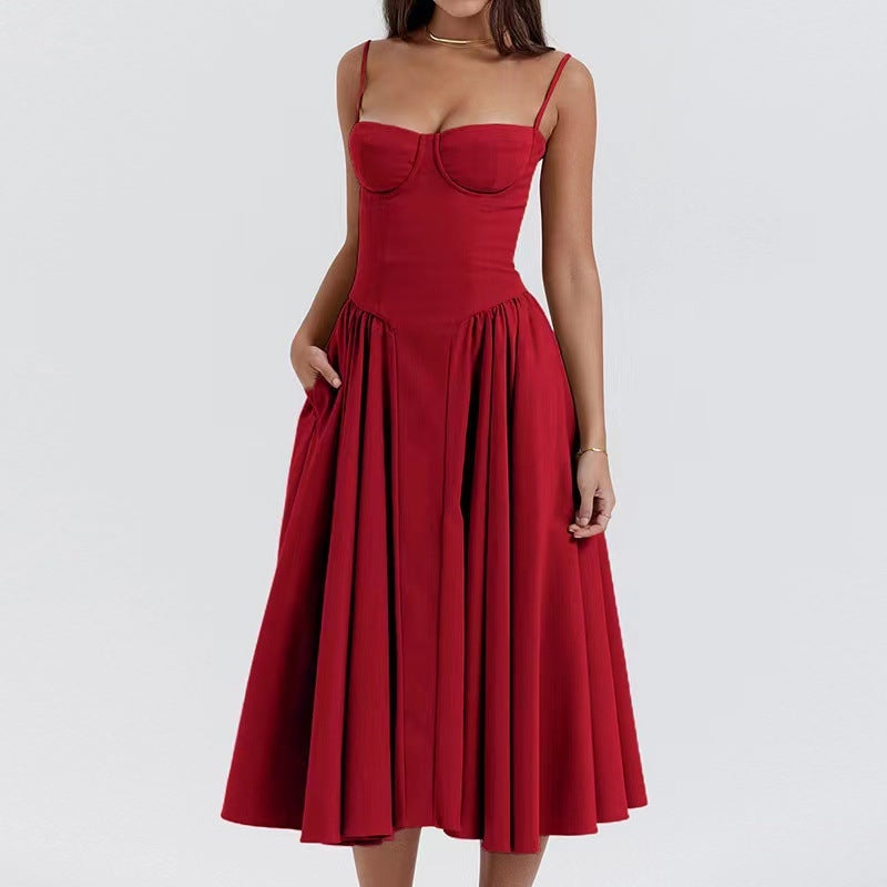 Elegant High Waist Midi Dress with Chest Support