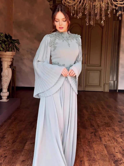 Elegant High Waisted Pleated Long Sleeve Dress