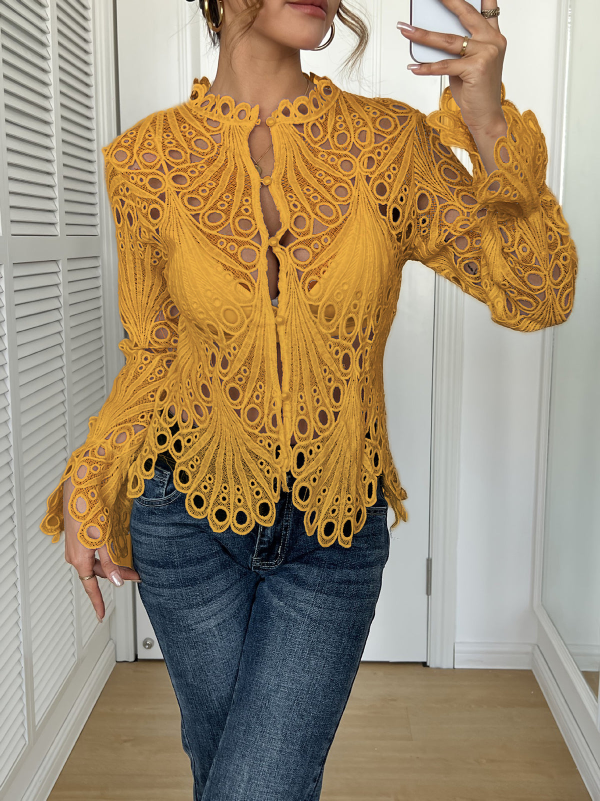 Elegant Hollow-out Lace Bell Sleeve Shirt