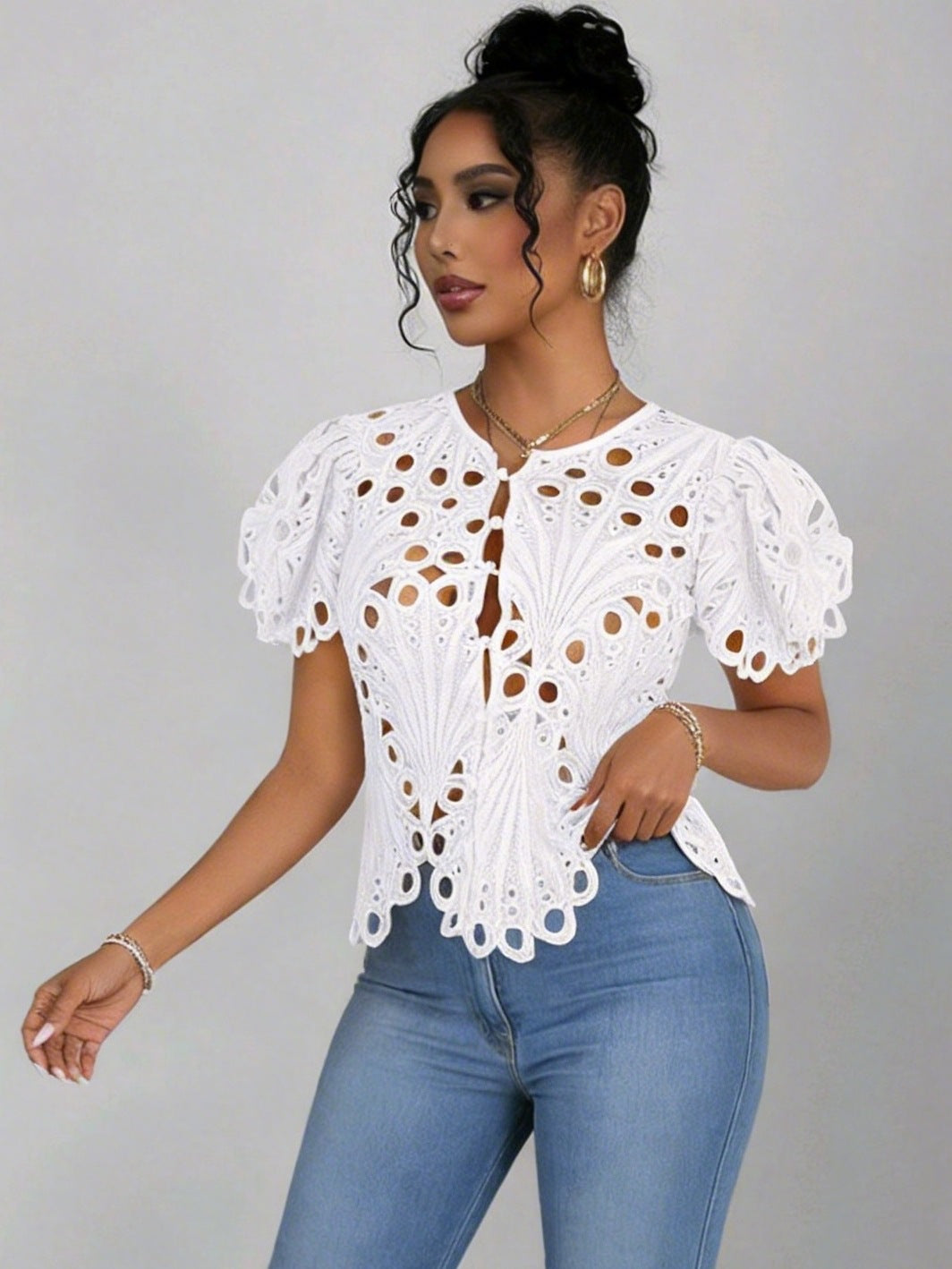 Elegant Hollow-out Lace Bell Sleeve Shirt