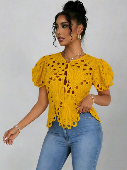 Elegant Hollow-out Lace Bell Sleeve Shirt