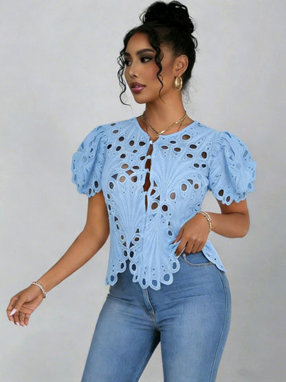 Elegant Hollow-out Lace Bell Sleeve Shirt