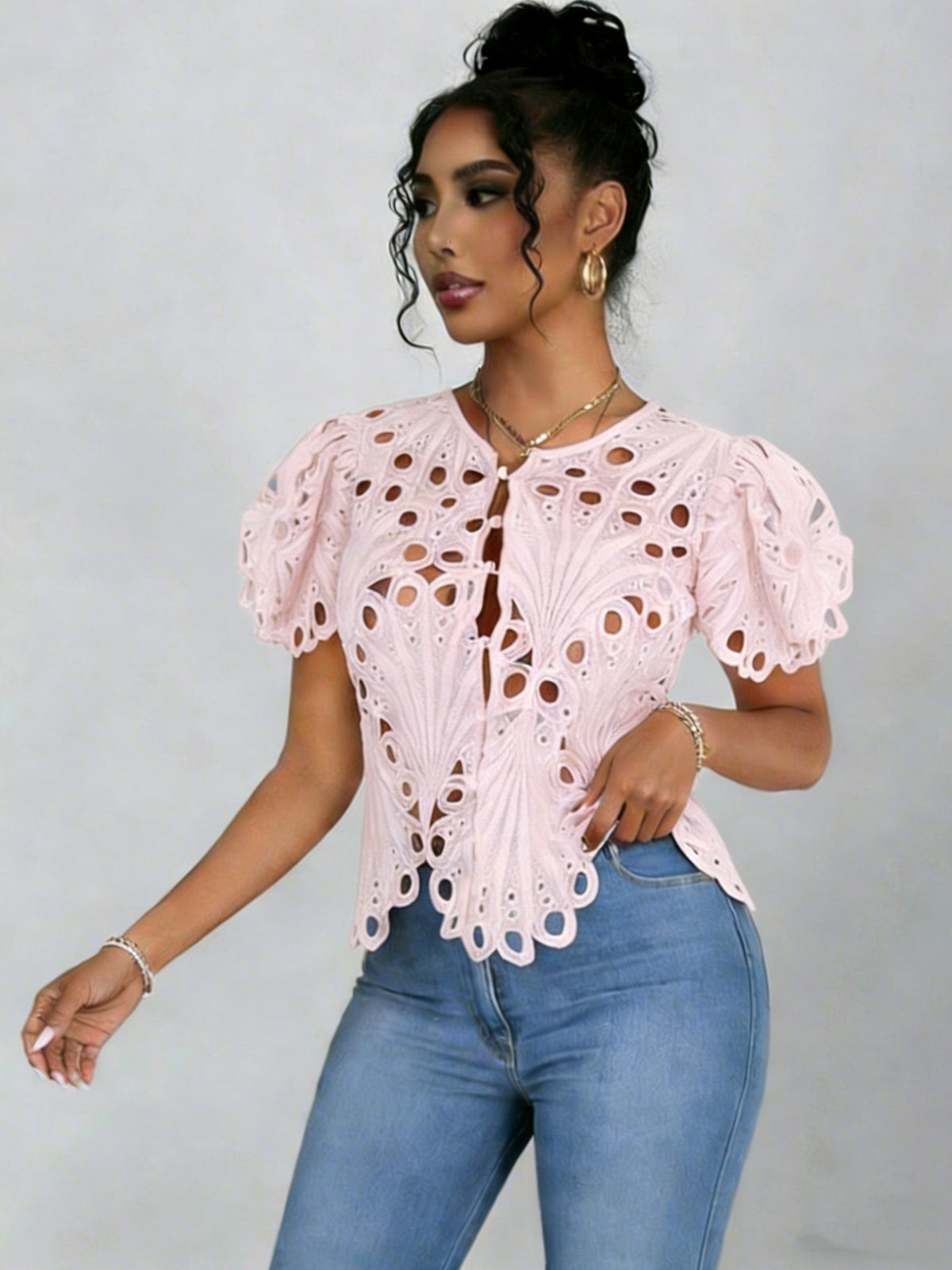 Elegant Hollow-out Lace Bell Sleeve Shirt