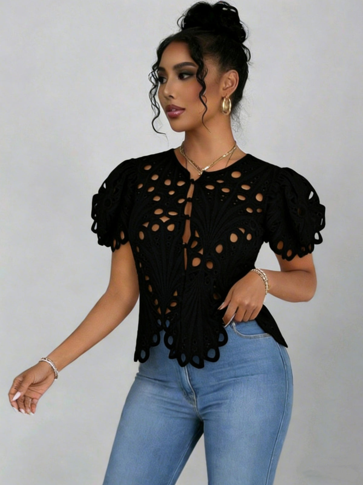 Elegant Hollow-out Lace Bell Sleeve Shirt