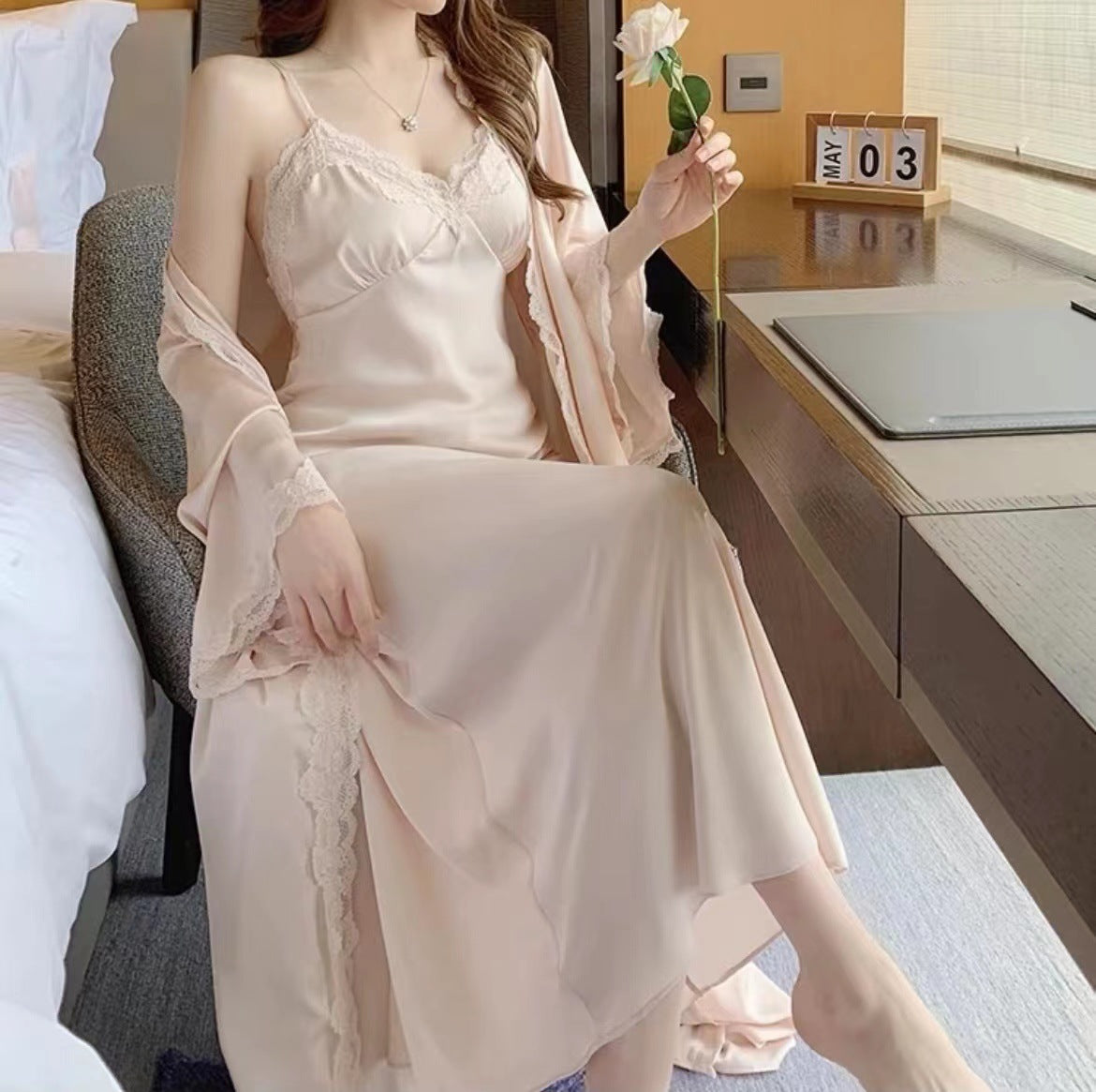 Elegant Ice Silk Women's Nightdress Set with Chest Pad