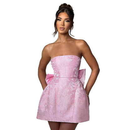Elegant Jacquard Bow Tube Top Mini Dress for Women