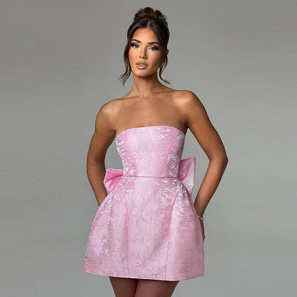Elegant Jacquard Bow Tube Top Mini Dress for Women