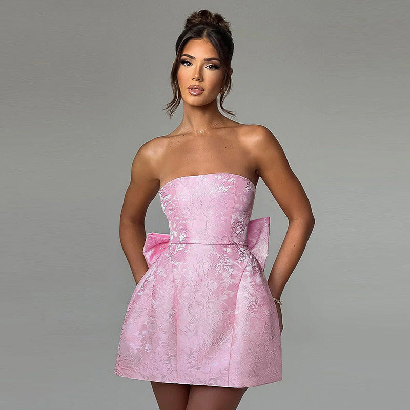 Elegant Jacquard Bow Tube Top Mini Dress for Women