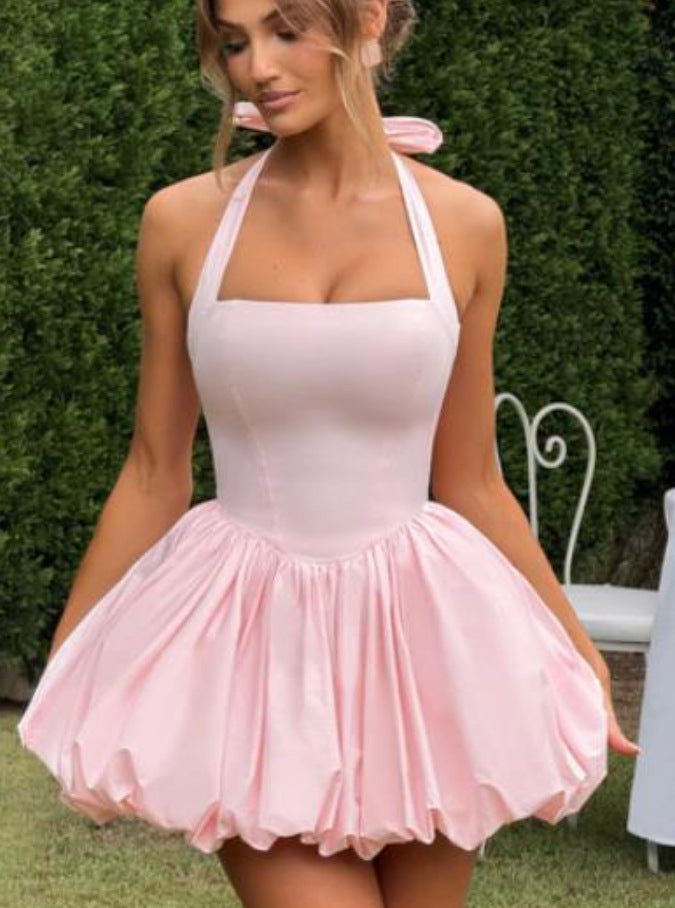 Elegant Lace Bow Puff Dress