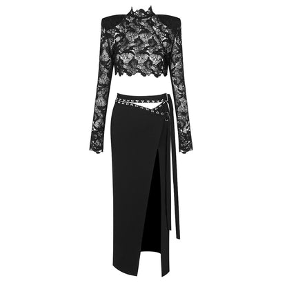 Elegant lace set: stand-up collar, padded-shoulder cropped top and high-slit pencil skirt, mature and confident style