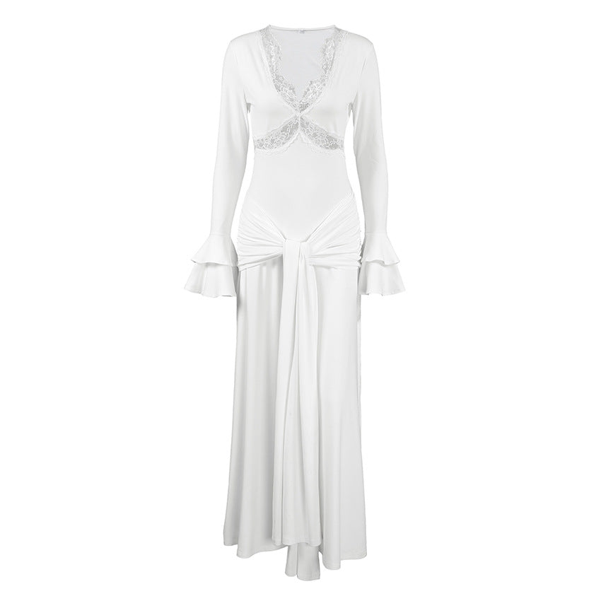 Elegant Lace Trim Dress with Ruffle Sleeves