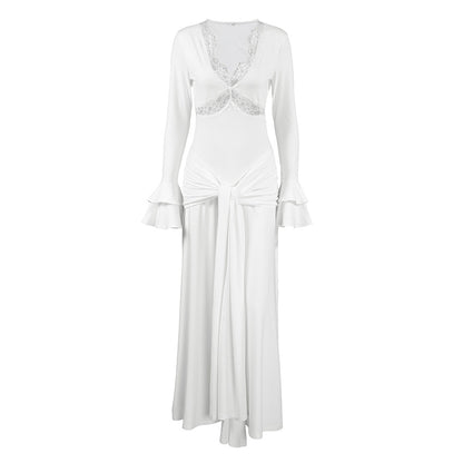 Elegant Lace Trim Dress with Ruffle Sleeves