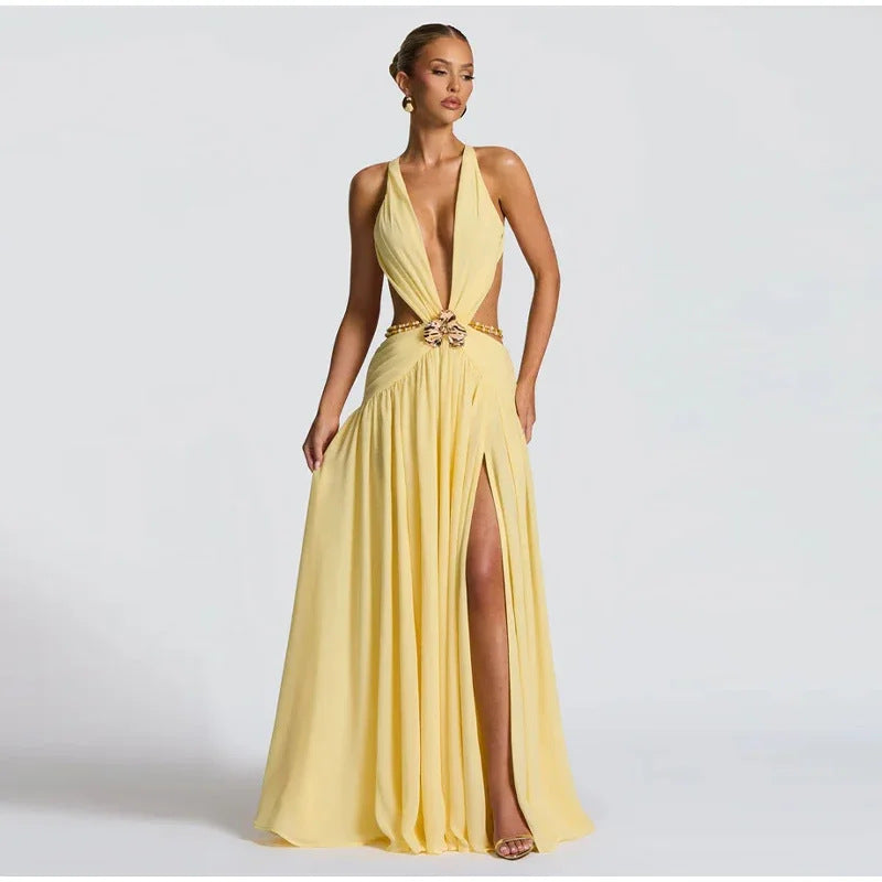 Elegant Lace-Up Backless High-Slit Dress