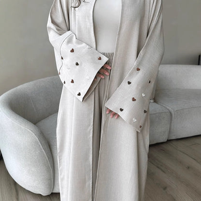 Elegant Linen Long Cardigan with Love Embroidery