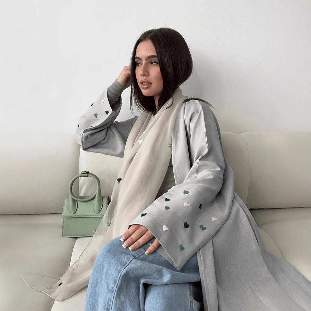 Elegant Linen Long Cardigan with Love Embroidery