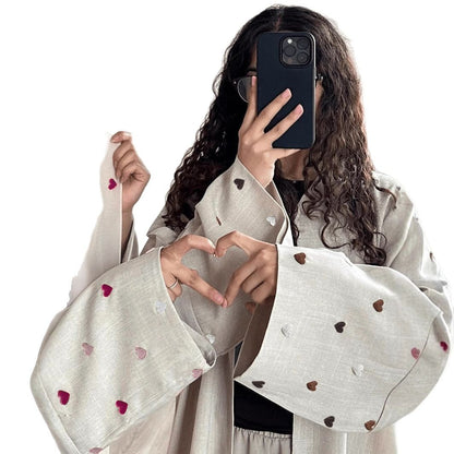 Elegant Linen Long Cardigan with Love Embroidery