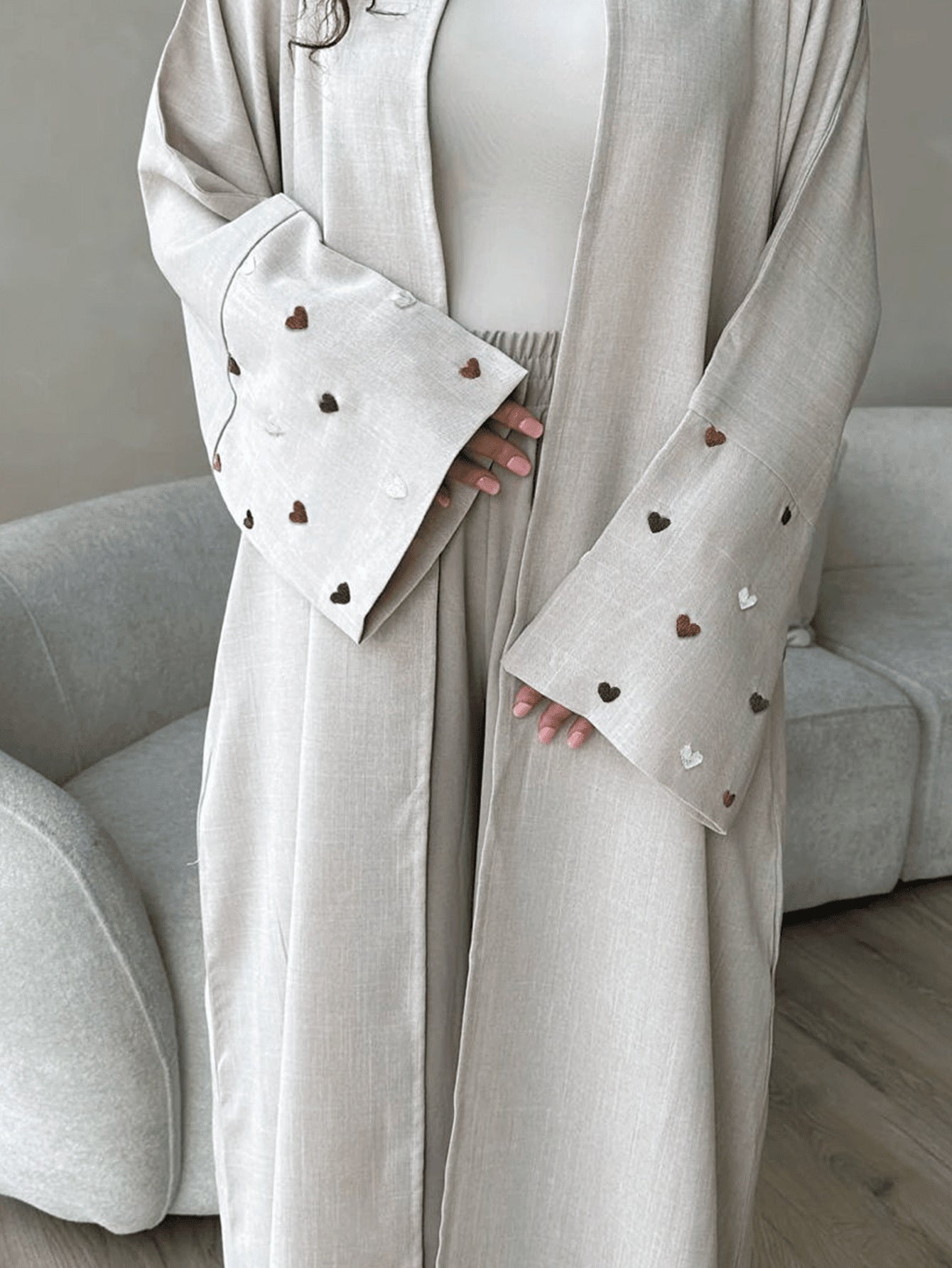 Elegant Linen Long Cardigan with Love Embroidery