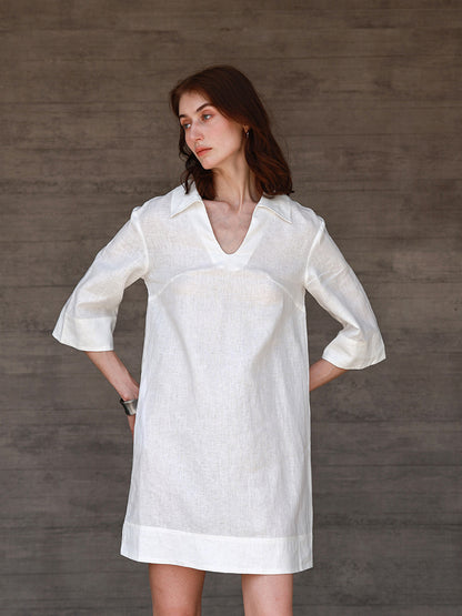 Elegant Linen Shirt Dress with V-Neck and Turn-Down Collar