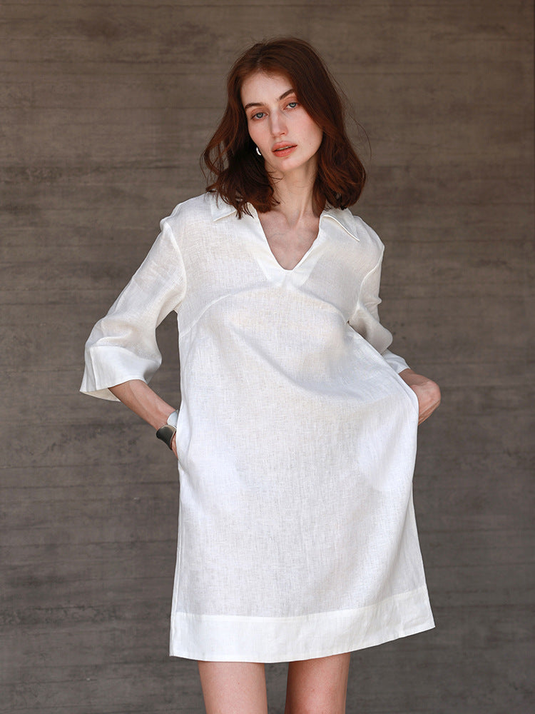 Elegant Linen Shirt Dress with V-Neck and Turn-Down Collar