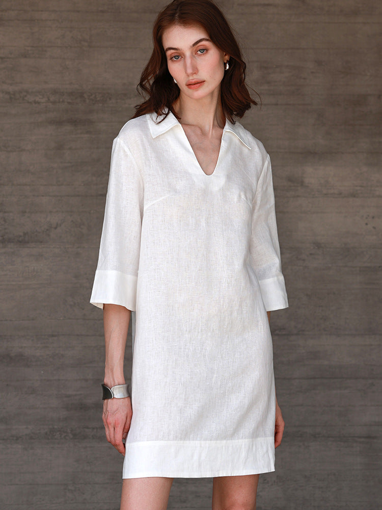 Elegant Linen Shirt Dress with V-Neck and Turn-Down Collar