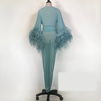 Elegant Long Evening Dress with Ostrich Feather Details