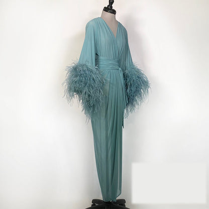 Elegant Long Evening Dress with Ostrich Feather Details