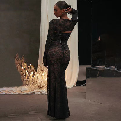 Elegant Long-Sleeve Lace Top & Dress Set for Women - Party Wear