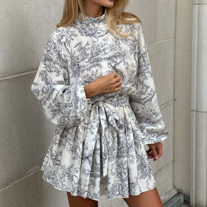 Elegant Long Sleeve Printed A-line Dress
