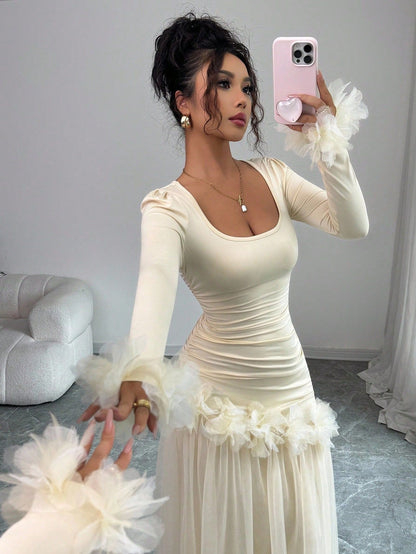 Elegant Mesh Splicing Floral Dress