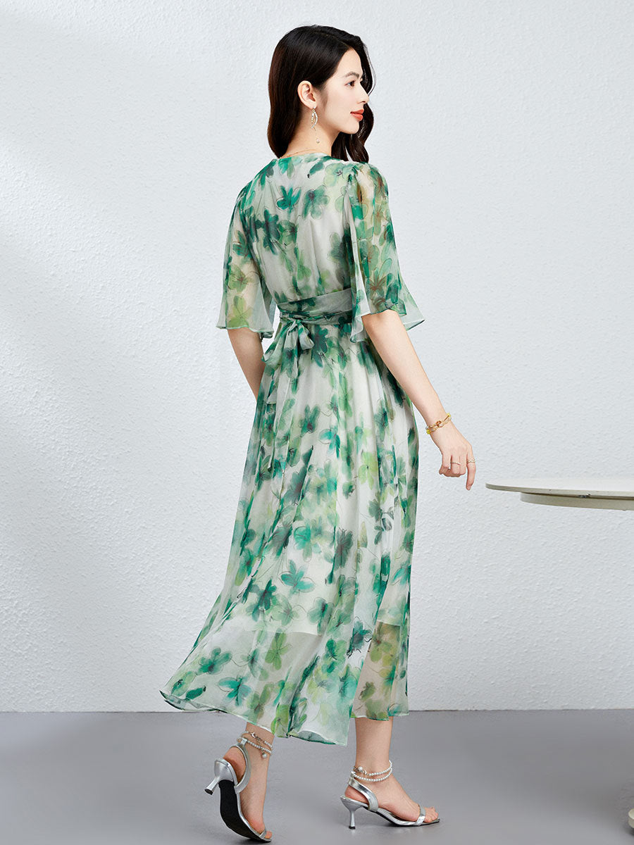Elegant Mulberry Silk Dress with V-Neck and Floral Print
