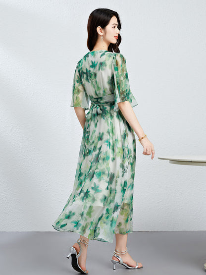 Elegant Mulberry Silk Dress with V-Neck and Floral Print