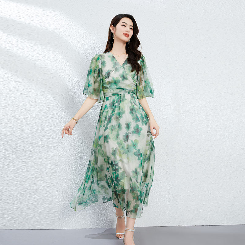 Elegant Mulberry Silk Dress with V-Neck and Floral Print