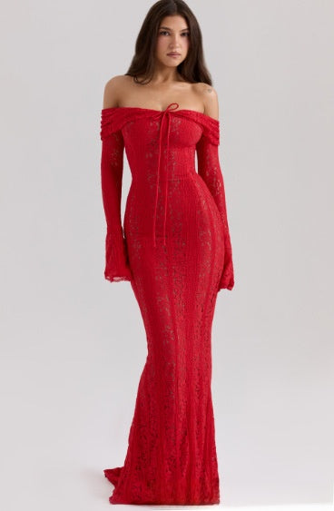 Elegant off-the-shoulder long-sleeve dress