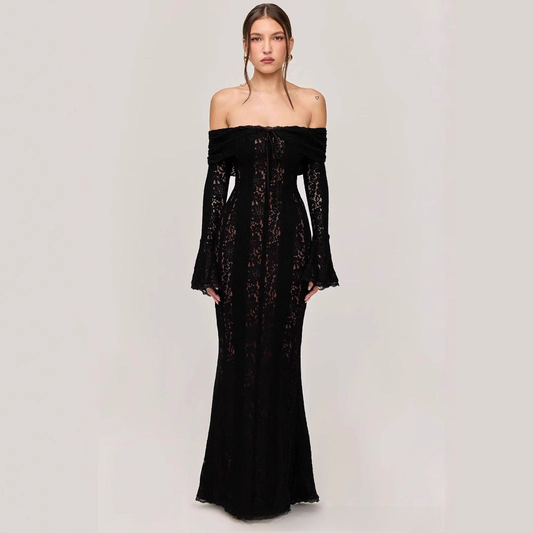 Elegant off-the-shoulder long-sleeve dress