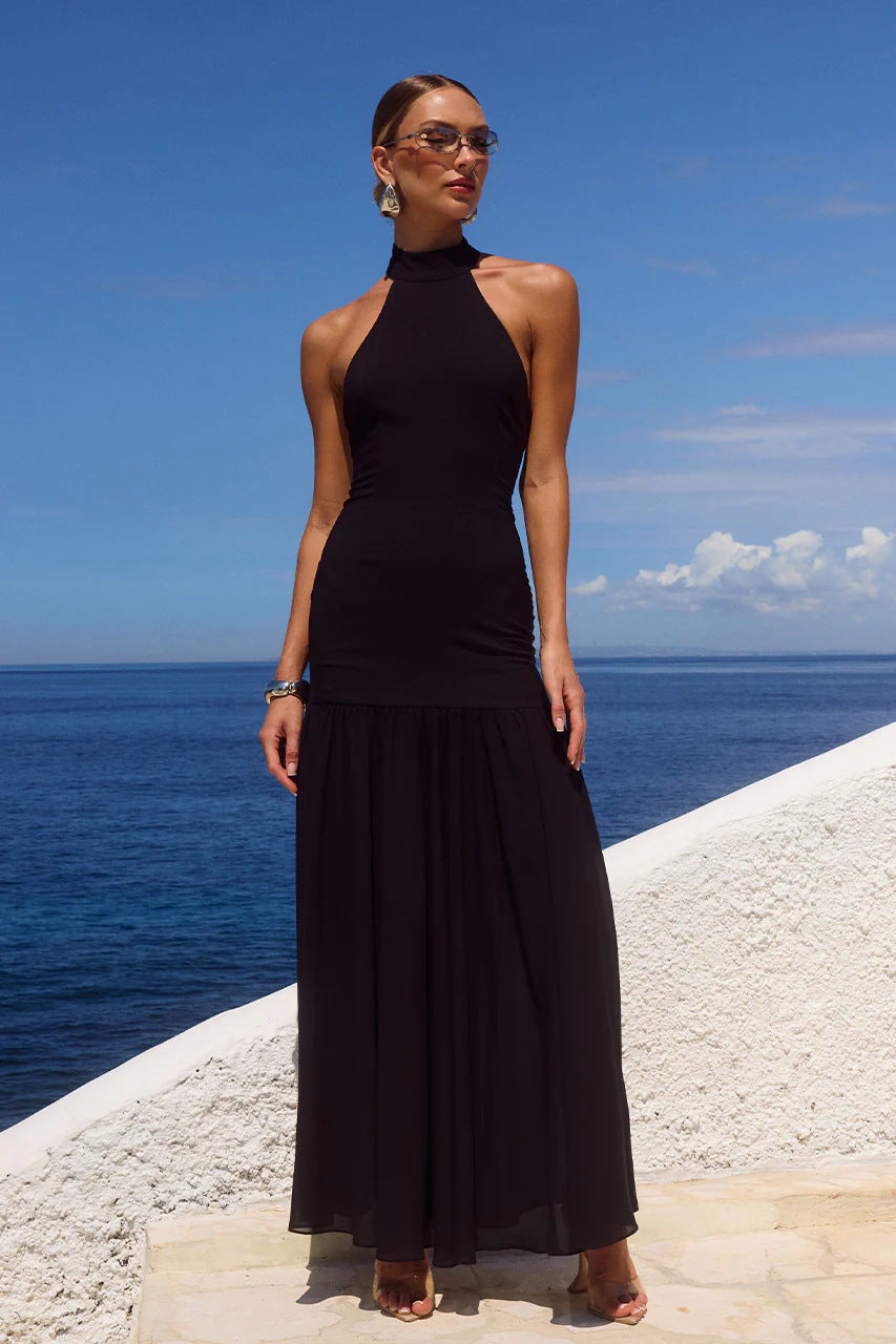 Elegant Patchwork Halter Neck Long Dress