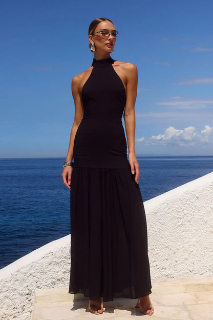 Elegant Patchwork Halter Neck Long Dress