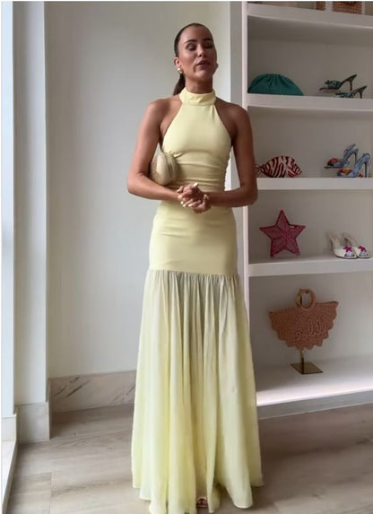 Elegant Patchwork Halter Neck Long Dress