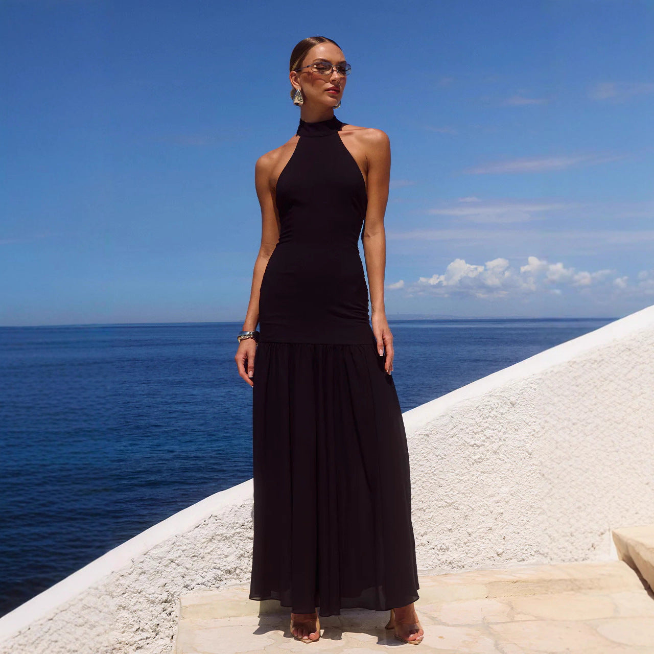 Elegant Patchwork Halter Neck Long Dress