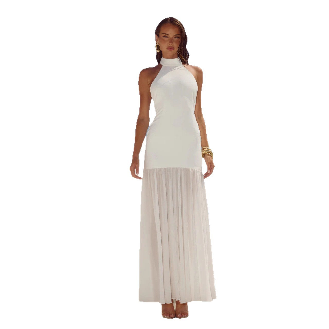 Elegant Patchwork Halter Neck Long Dress